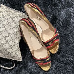 Prada Women's Red and Gold Patterned Heels